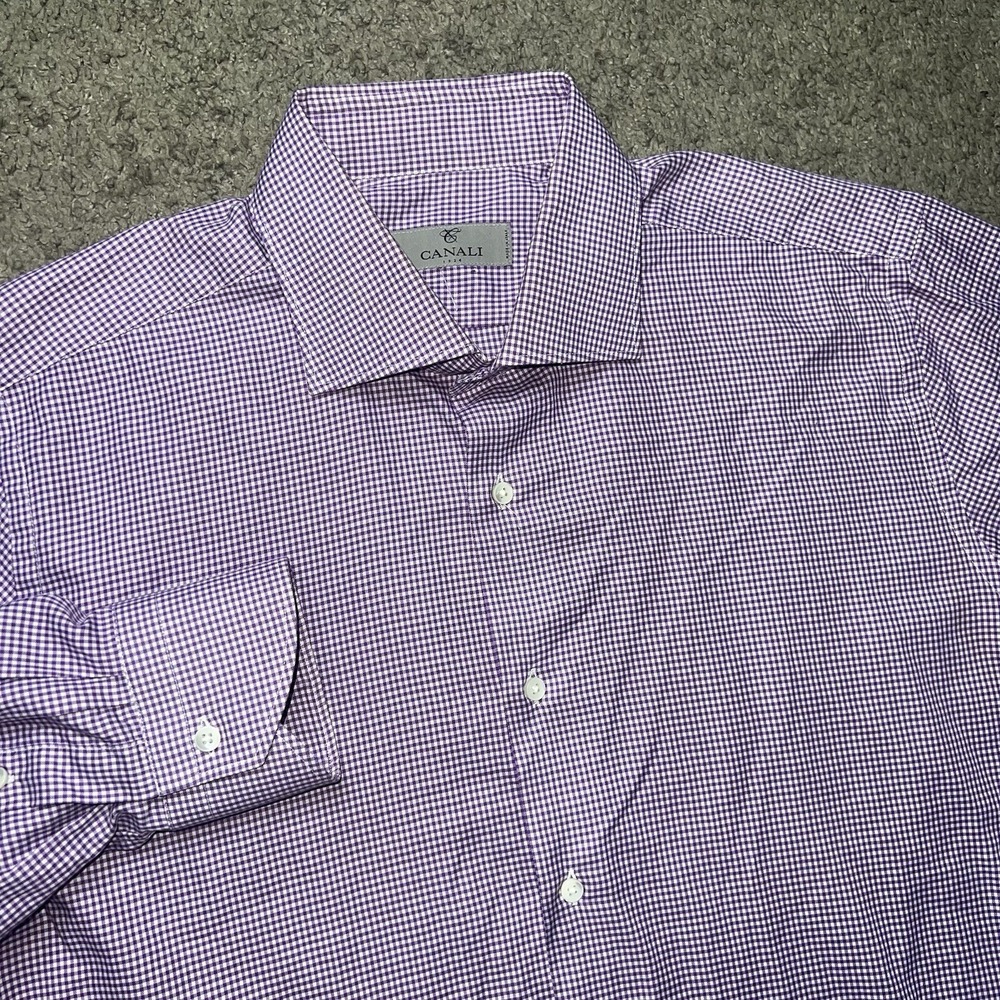 Canali Shirt Mens 16-41 Long Sleeve Cotton Gingham Checked Plaid Purple Italy